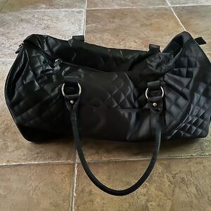 Black Quilted Travel Duffle Bag with Metal Hardware